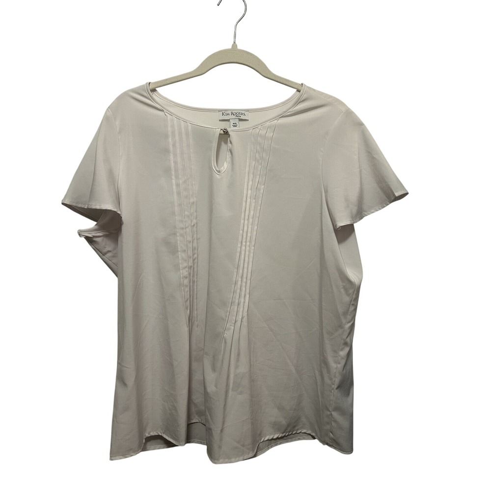 Kim Rogers‎ White Pleated Keyhole Blouse Women's Petite XL PXL Short Sleeve Top